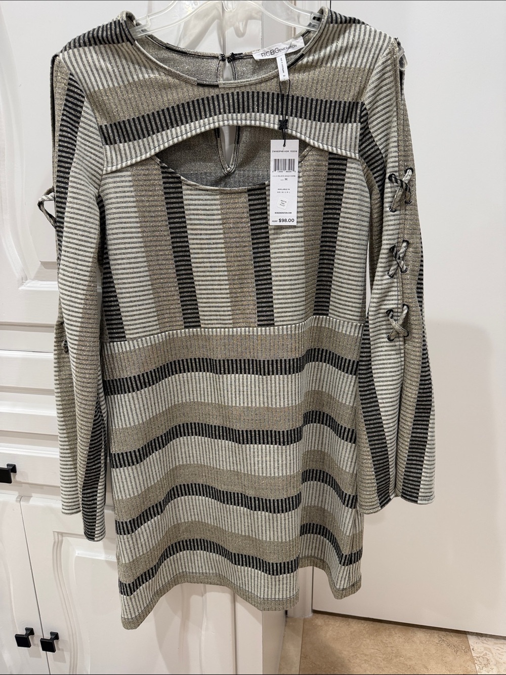 BCBGENERATION Taupe, Black & Cream Striped Crewneck Sweater Dress